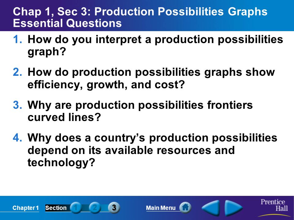 Chapter 1SectionMain Menu Chap 1, Sec 3: Production Possibilities Graphs Essential Questions 1.How do you interpret a production possibilities graph.