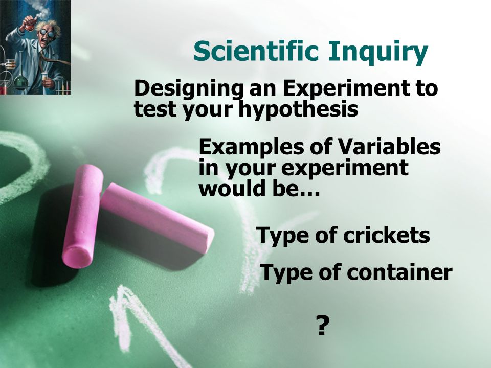Scientific Inquiry Designing an Experiment to test your hypothesis Examples of Variables in your experiment would be… Type of crickets Type of container