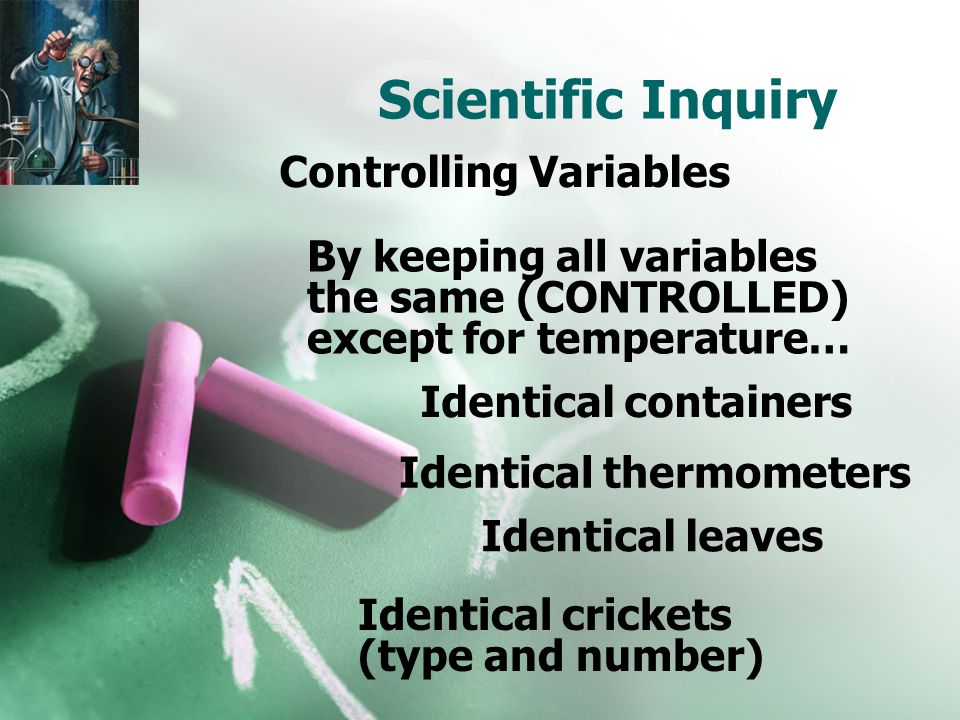 Scientific Inquiry Controlling Variables By keeping all variables the same (CONTROLLED) except for temperature… Identical containers Identical thermometers Identical leaves Identical crickets (type and number)