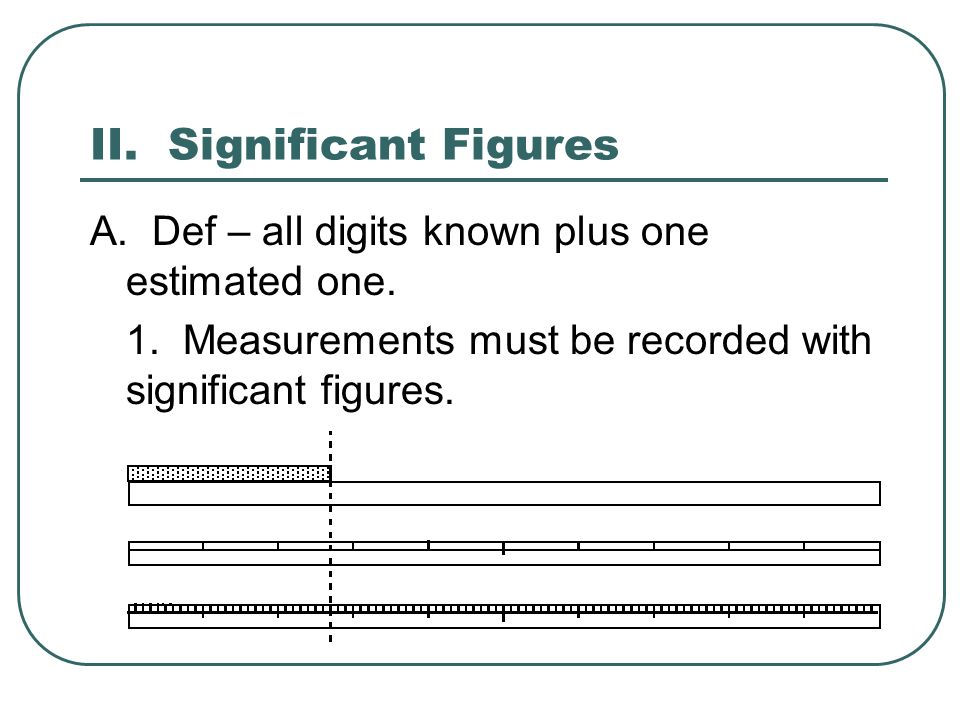 II. Significant Figures A. Def – all digits known plus one estimated one.