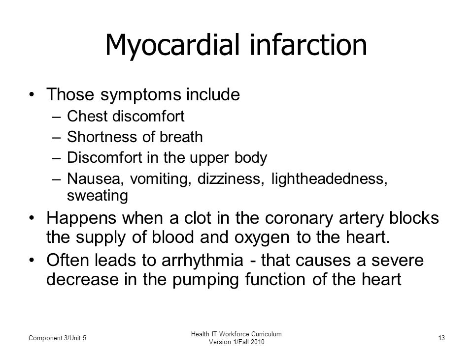 Myocardial infarction Those symptoms include –Chest discomfort –Shortness of breath –Discomfort in the upper body –Nausea, vomiting, dizziness, lightheadedness, sweating Happens when a clot in the coronary artery blocks the supply of blood and oxygen to the heart.