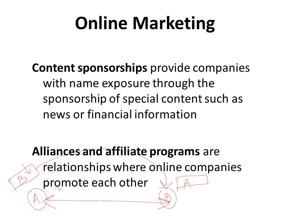 Online Marketing Content sponsorships provide companies with name exposure through the sponsorship of special content such as news or financial information Alliances and affiliate programs are relationships where online companies promote each other