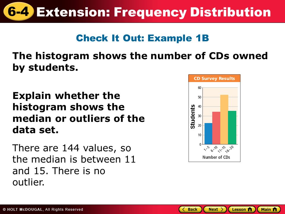 6-4 Extension: Frequency Distribution Explain whether the histogram shows the median or outliers of the data set.