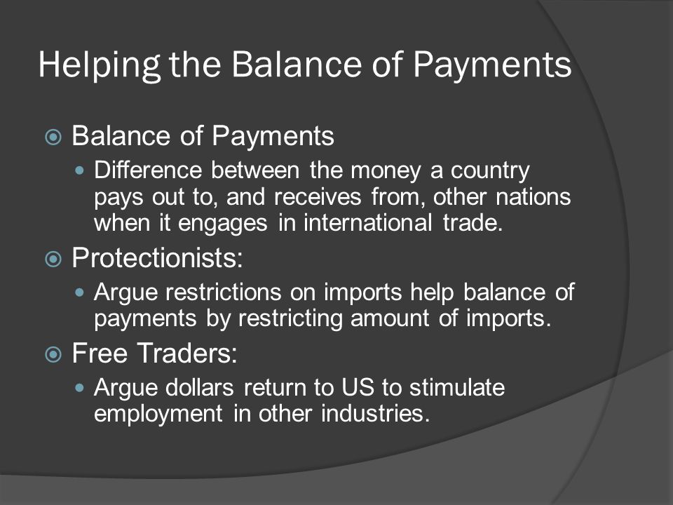 Helping the Balance of Payments  Balance of Payments Difference between the money a country pays out to, and receives from, other nations when it engages in international trade.