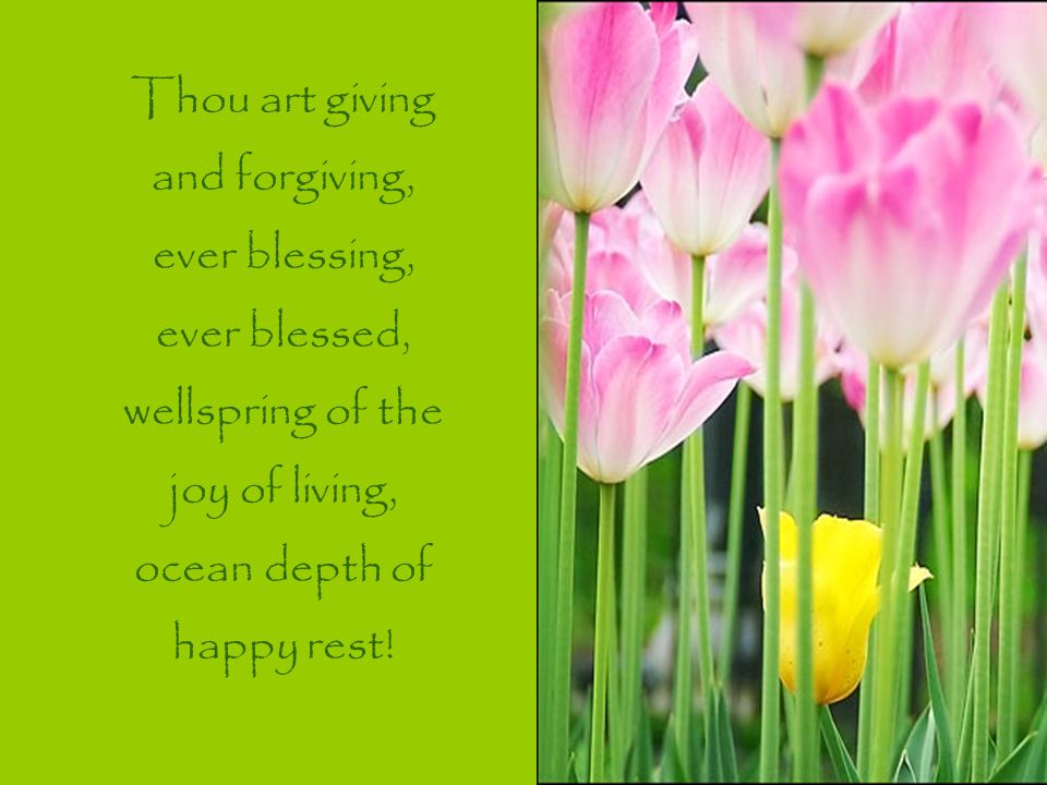 Thou art giving and forgiving, ever blessing, ever blessed, wellspring of the joy of living, ocean depth of happy rest!