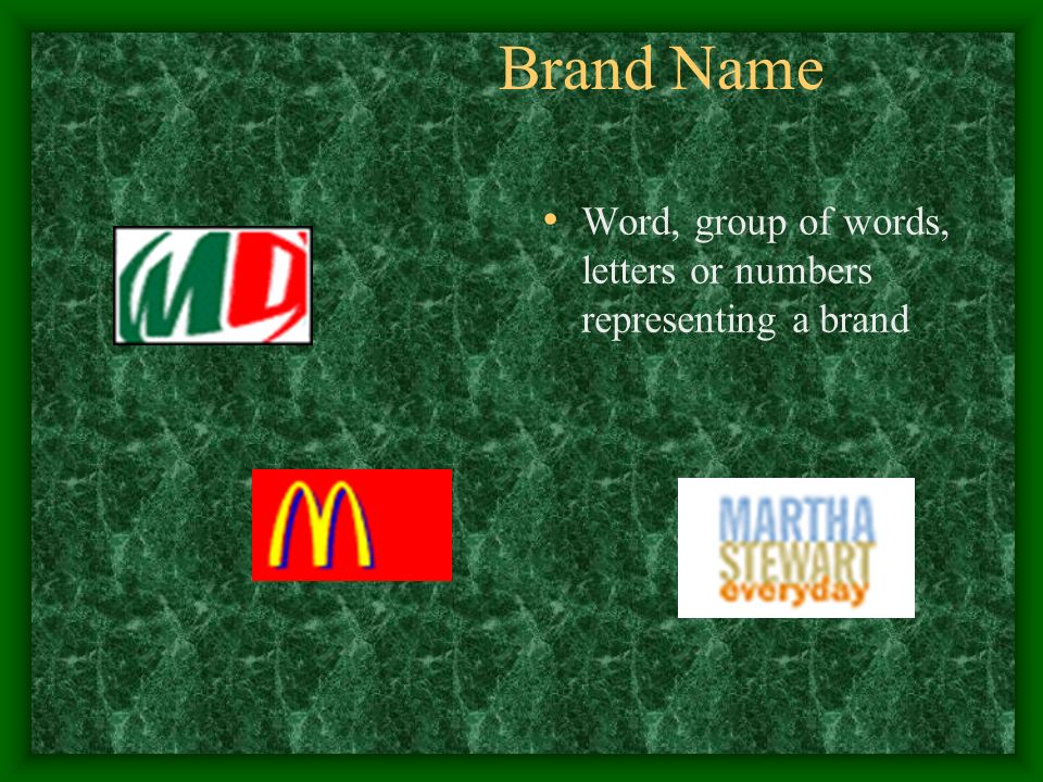 Brand Name Word, group of words, letters or numbers representing a brand