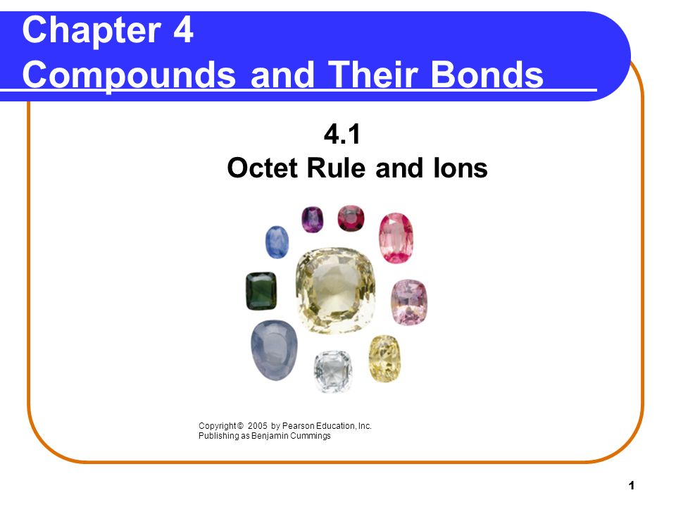 1 Chapter 4 Compounds and Their Bonds 4.1 Octet Rule and Ions Copyright © 2005 by Pearson Education, Inc.