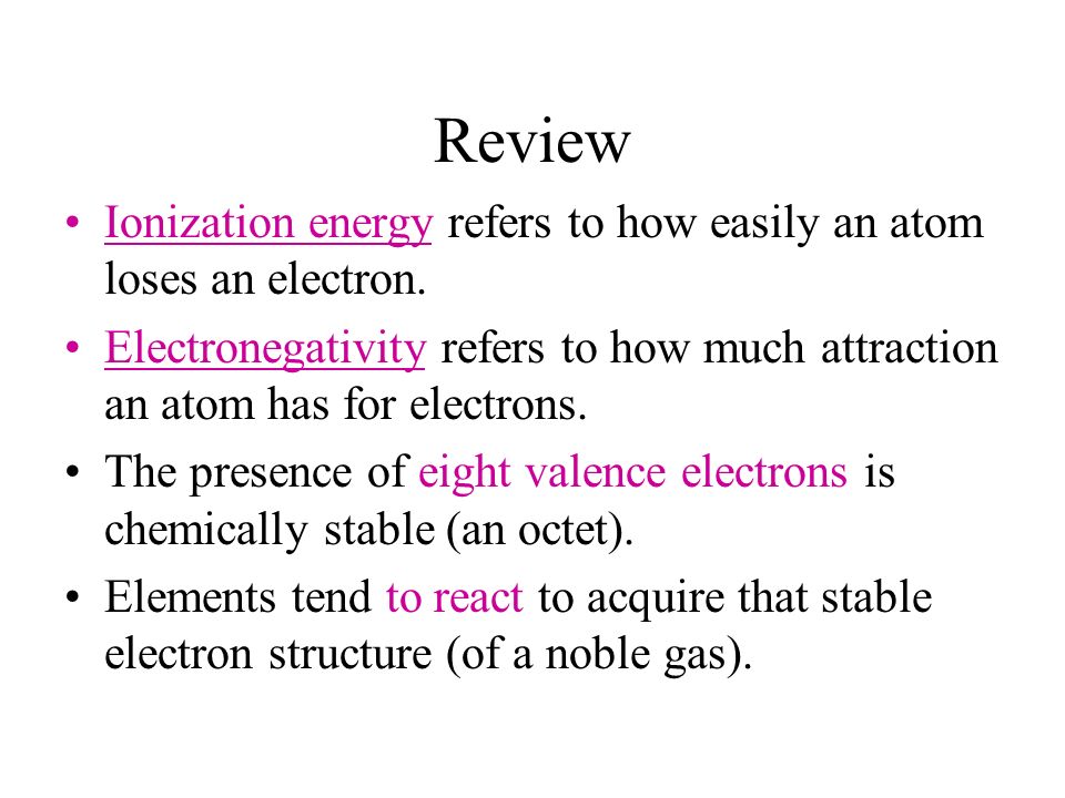 Review Ionization energy refers to how easily an atom loses an electron.