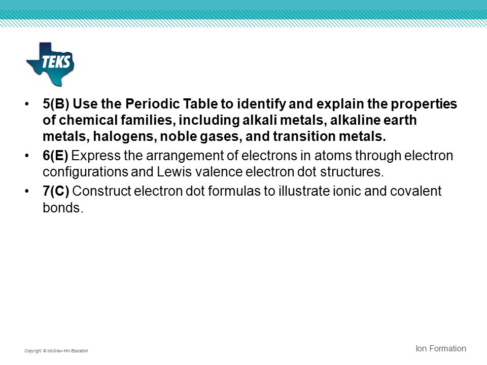 5(B) Use the Periodic Table to identify and explain the properties of chemical families, including alkali metals, alkaline earth metals, halogens, noble gases, and transition metals.