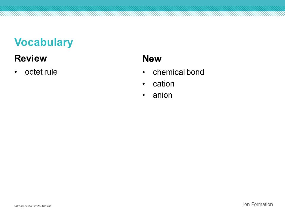 Review octet rule New chemical bond cation anion Ion Formation Copyright © McGraw-Hill Education Vocabulary