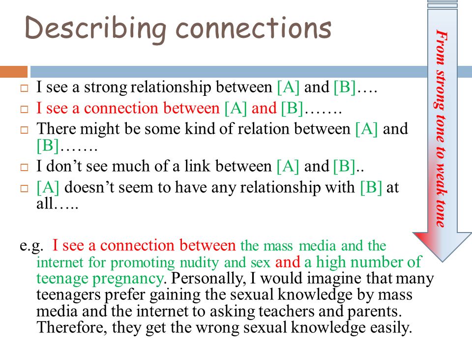 From strong tone to weak tone Describing connections  I see a strong relationship between [A] and [B]….