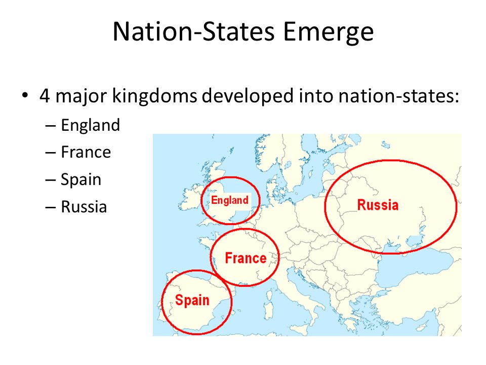 Nation-States Emerge 4 major kingdoms developed into nation-states: – England – France – Spain – Russia