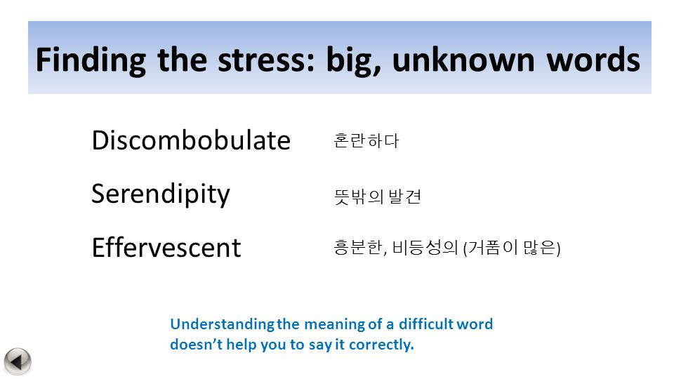 Finding the stress: big, unknown words Discombobulate Serendipity Effervescent Understanding the meaning of a difficult word doesn’t help you to say it correctly.