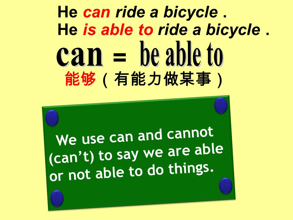 = 能够（有能力做某事） We use can and cannot (can’t) to say we are able or not able to do things.