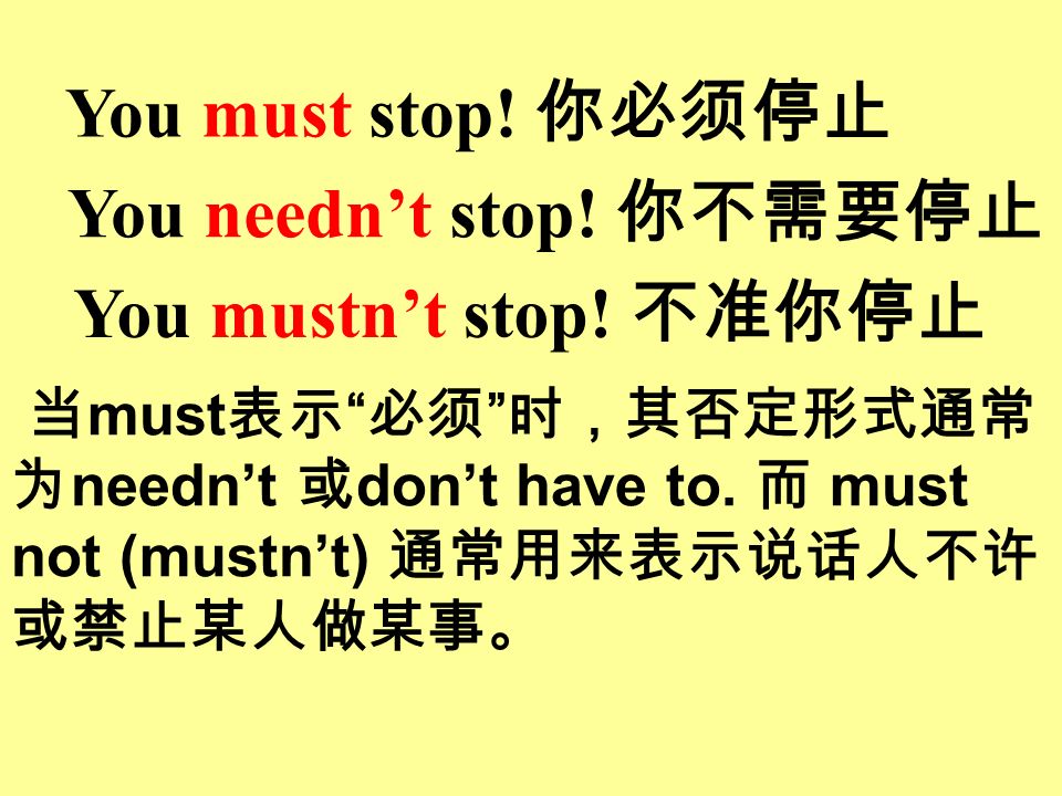 You must stop. 你必须停止 You needn’t stop. 你不需要停止 You mustn’t stop.