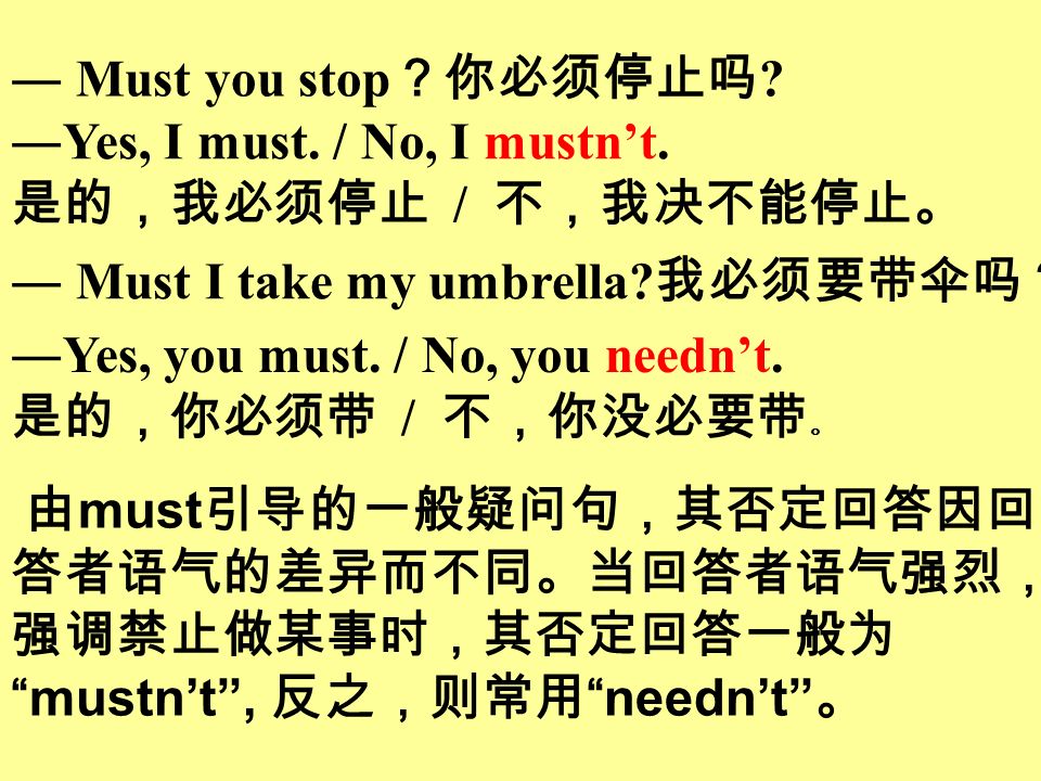 ― Must you stop ？你必须停止吗 . ―Yes, I must. / No, I mustn’t.