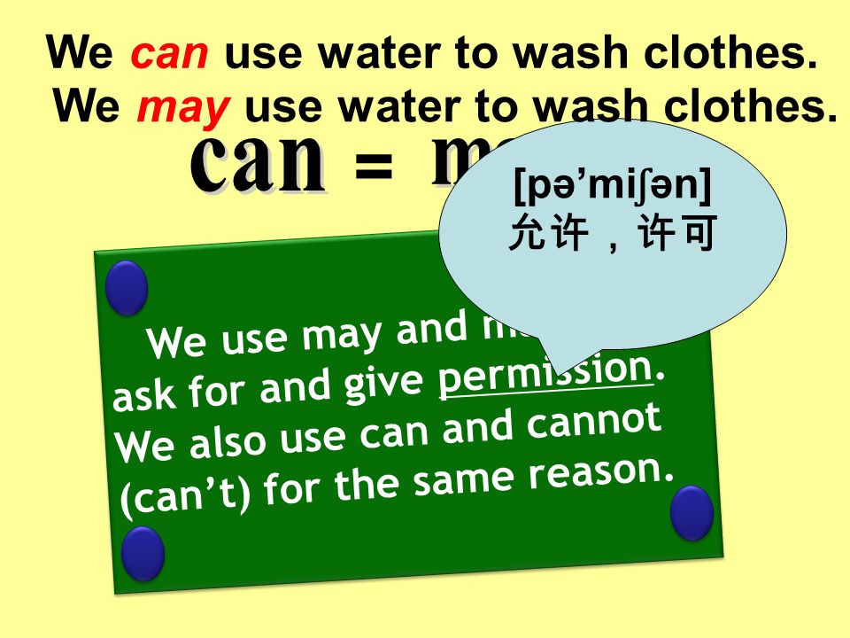 We can use water to wash clothes. = 可以 We use may and may not to ask for and give permission.