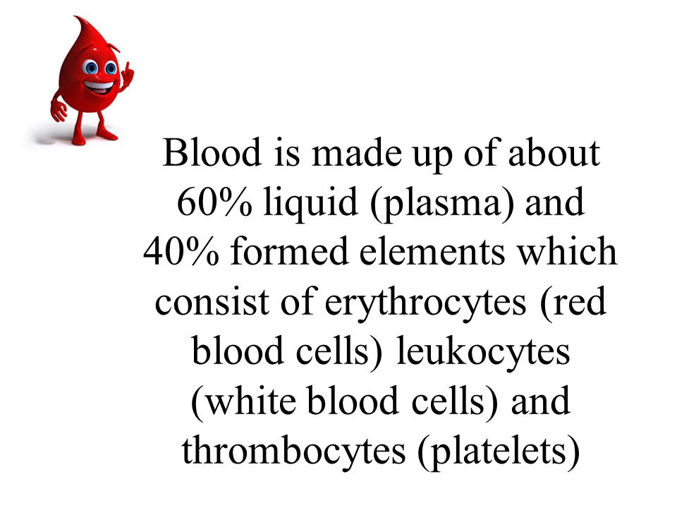 Blood is made up of about 60% liquid (plasma) and 40% formed elements which consist of erythrocytes (red blood cells) leukocytes (white blood cells) and thrombocytes (platelets)