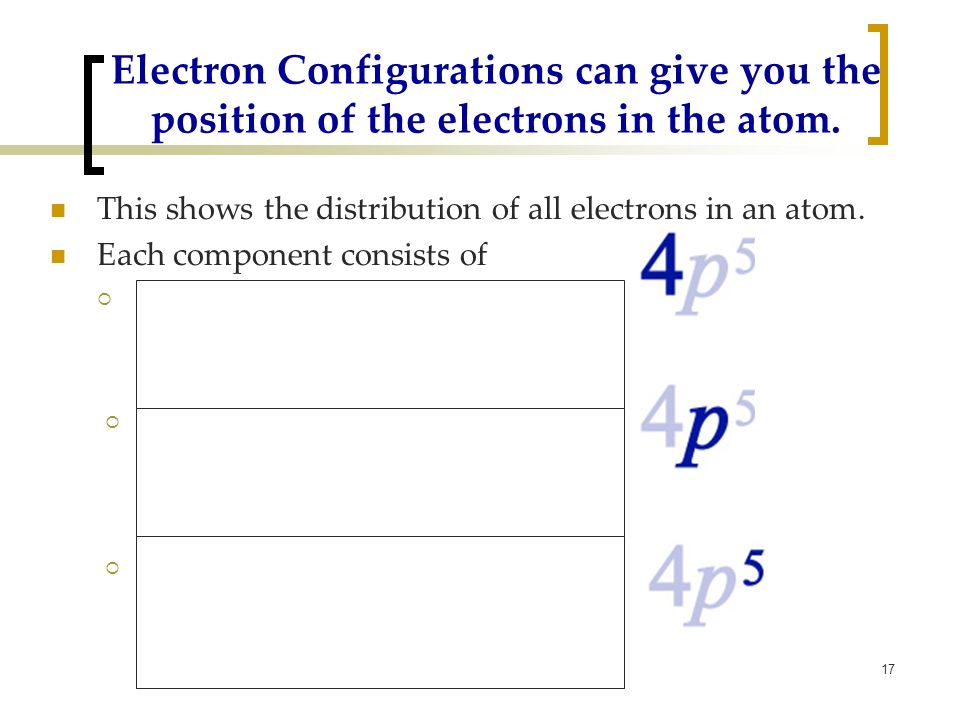 17 Electron Configurations can give you the position of the electrons in the atom.