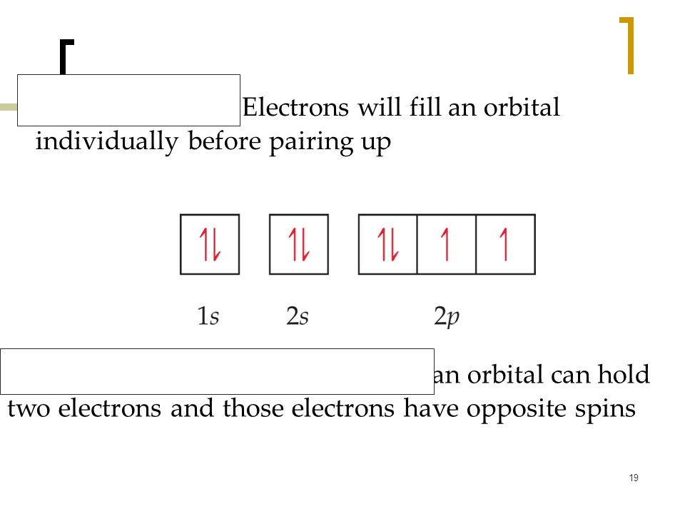 19 Hund’s Rule: Electrons will fill an orbital individually before pairing up Pauli’s Exclusion Principle : an orbital can hold two electrons and those electrons have opposite spins