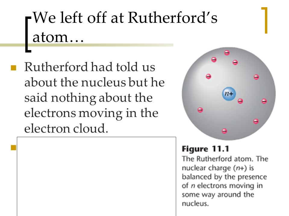 2 We left off at Rutherford’s atom… Rutherford had told us about the nucleus but he said nothing about the electrons moving in the electron cloud.