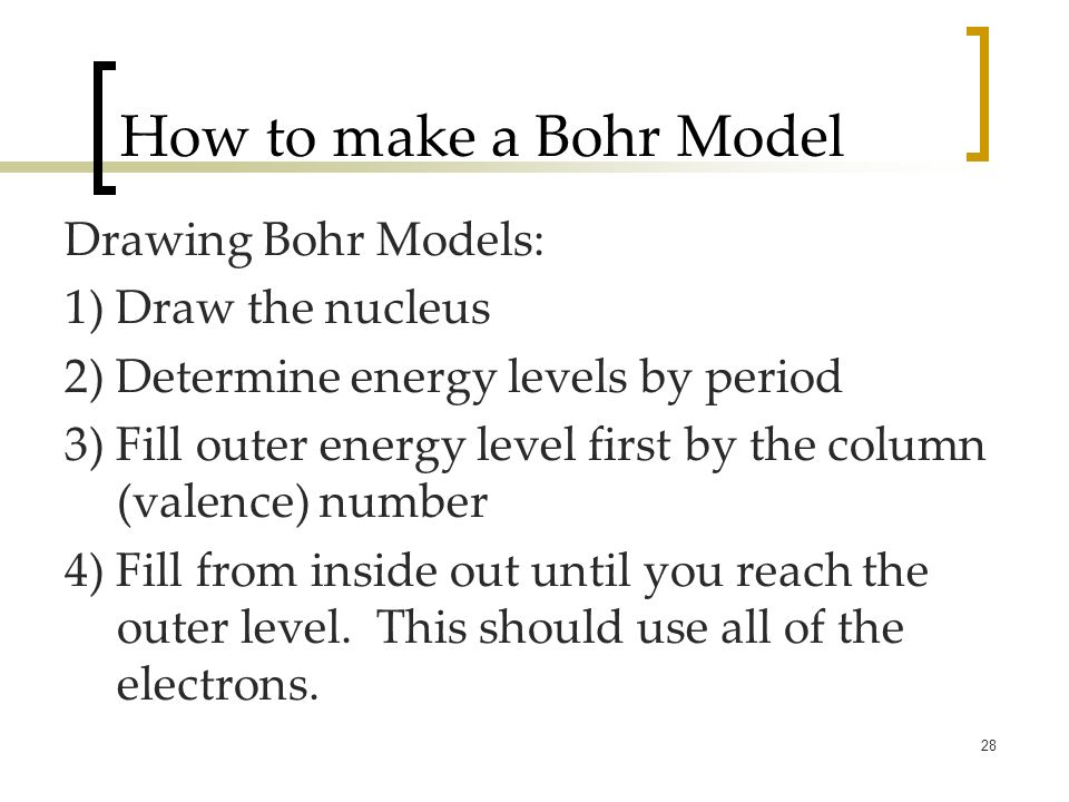 28 How to make a Bohr Model Drawing Bohr Models: 1) Draw the nucleus 2) Determine energy levels by period 3) Fill outer energy level first by the column (valence) number 4) Fill from inside out until you reach the outer level.