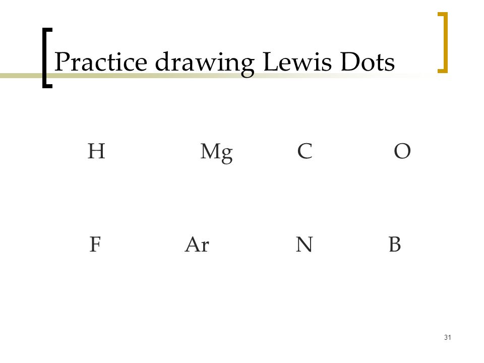 31 Practice drawing Lewis Dots HMgCO F Ar N B