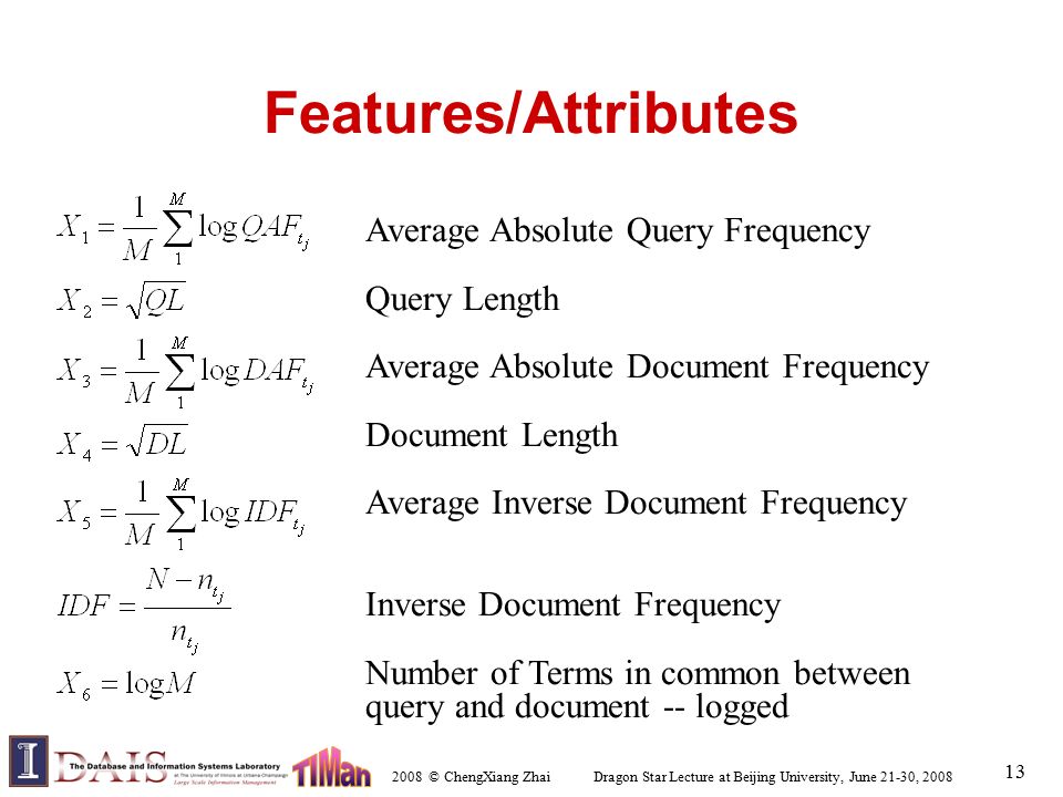 2008 © ChengXiang Zhai Dragon Star Lecture at Beijing University, June 21-30, Features/Attributes Average Absolute Query Frequency Query Length Average Absolute Document Frequency Document Length Average Inverse Document Frequency Inverse Document Frequency Number of Terms in common between query and document -- logged