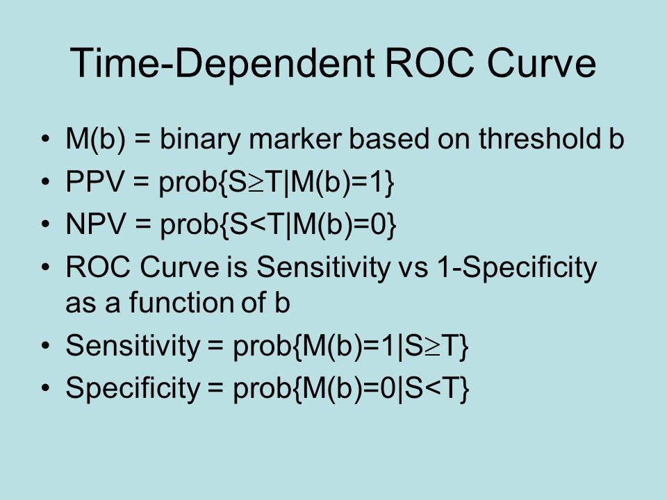 Time-Dependent ROC Curve M(b) = binary marker based on threshold b PPV = prob{S  T|M(b)=1} NPV = prob{S<T|M(b)=0} ROC Curve is Sensitivity vs 1-Specificity as a function of b Sensitivity = prob{M(b)=1|S  T} Specificity = prob{M(b)=0|S<T}