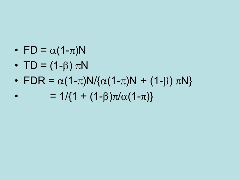 FD =  (1-  )N TD = (1-  )  N FDR =  (1-  )N/{  (1-  )N + (1-  )  N} = 1/{1 + (1-  )  /  (1-  )}
