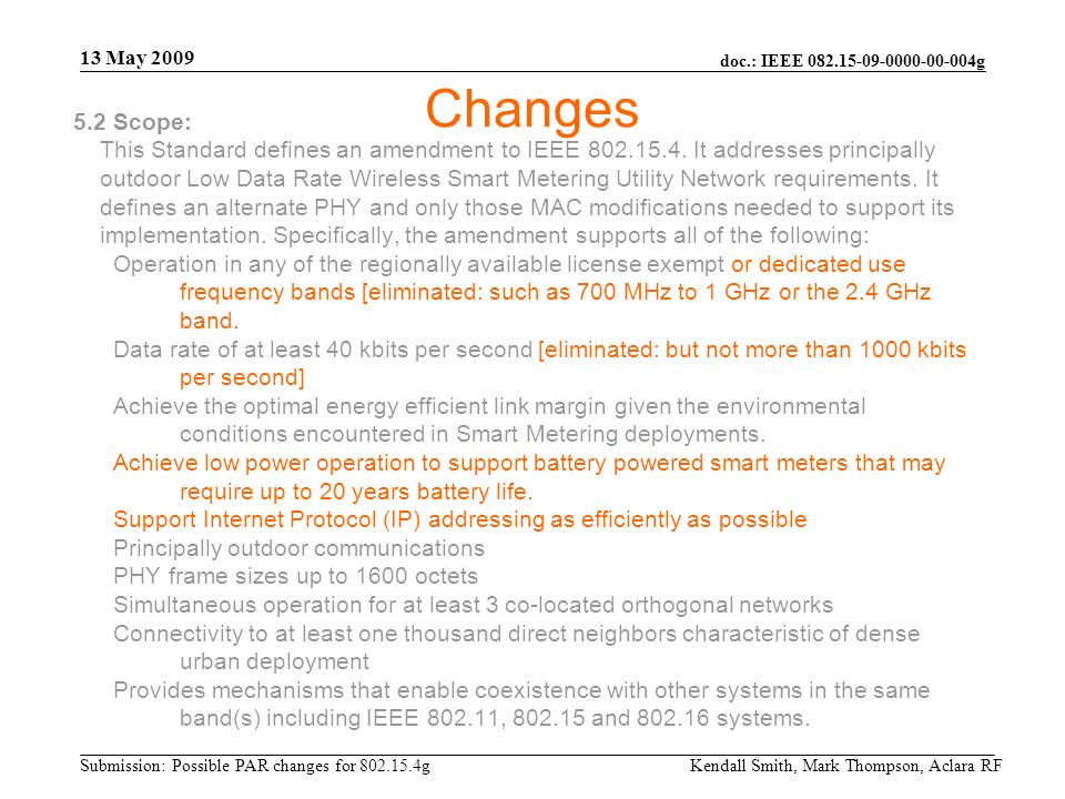 doc.: IEEE g Submission: Possible PAR changes for g 13 May 2009 Kendall Smith, Mark Thompson, Aclara RF 5.2 Scope: This Standard defines an amendment to IEEE