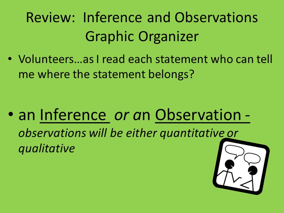 Review: Inference and Observations Graphic Organizer Volunteers…as I read each statement who can tell me where the statement belongs.