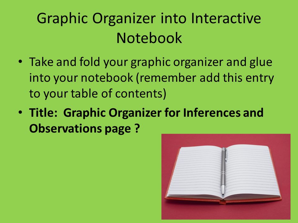 Graphic Organizer into Interactive Notebook Take and fold your graphic organizer and glue into your notebook (remember add this entry to your table of contents) Title: Graphic Organizer for Inferences and Observations page