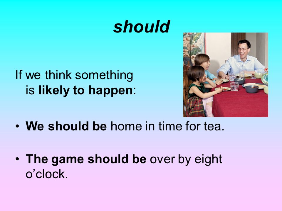 should If we think something is likely to happen: We should be home in time for tea.