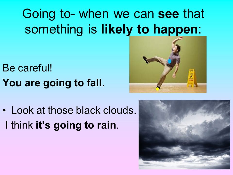 Going to- when we can see that something is likely to happen: Be careful.