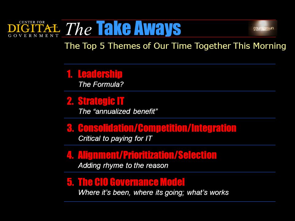 3 The Take Aways The Top 5 Themes of Our Time Together This Morning 5.The CIO Governance Model Where it’s been, where its going; what’s works 4.Alignment/Prioritization/Selection Adding rhyme to the reason 3.Consolidation/Competition/Integration Critical to paying for IT 2.Strategic IT The annualized benefit 1.Leadership The Formula