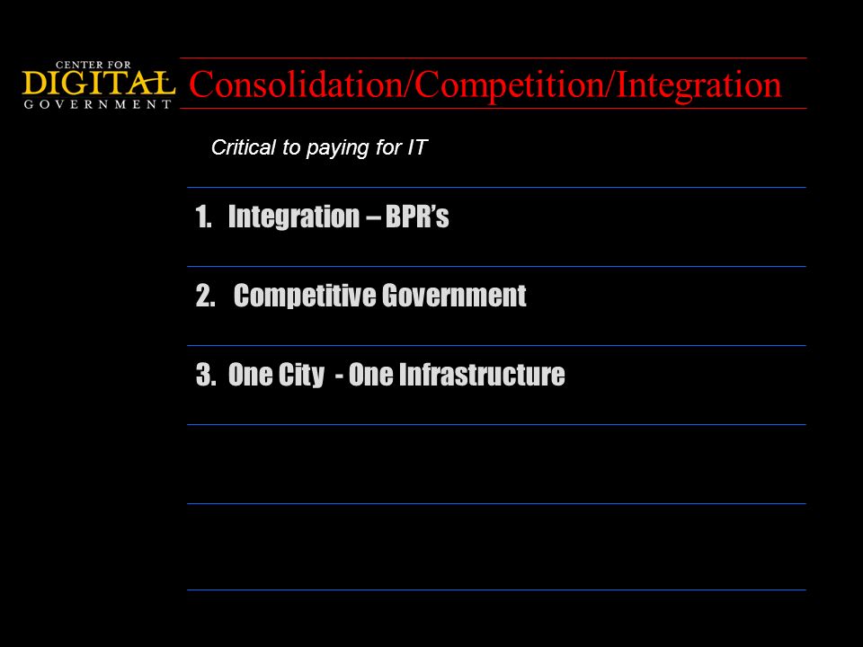 6 Consolidation/Competition/Integration 3.One City - One Infrastructure 2.