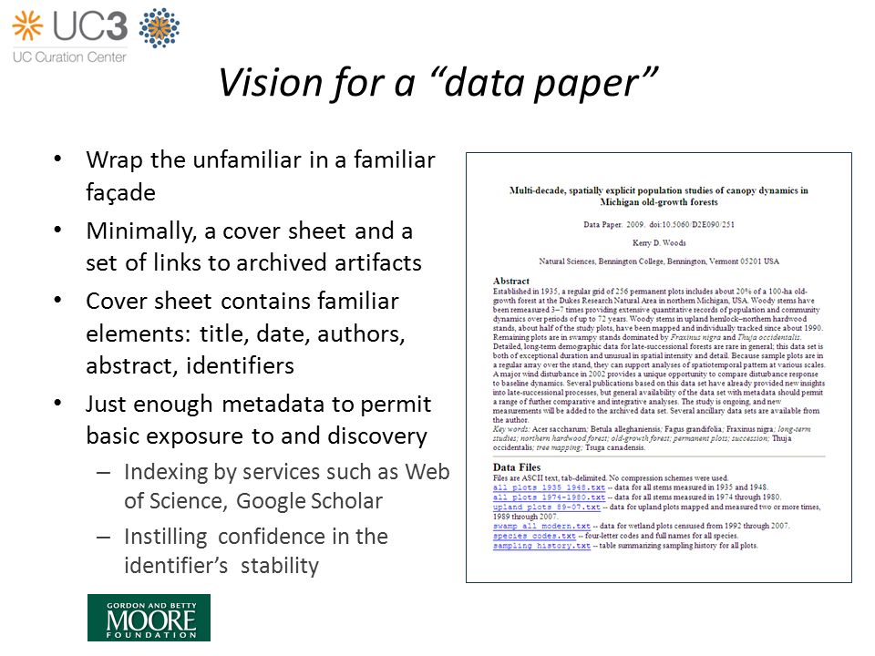 Vision for a data paper Wrap the unfamiliar in a familiar façade Minimally, a cover sheet and a set of links to archived artifacts Cover sheet contains familiar elements: title, date, authors, abstract, identifiers Just enough metadata to permit basic exposure to and discovery – Indexing by services such as Web of Science, Google Scholar – Instilling confidence in the identifier’s stability