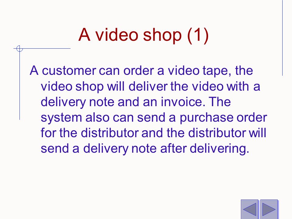 A video shop (1) A customer can order a video tape, the video shop will deliver the video with a delivery note and an invoice.