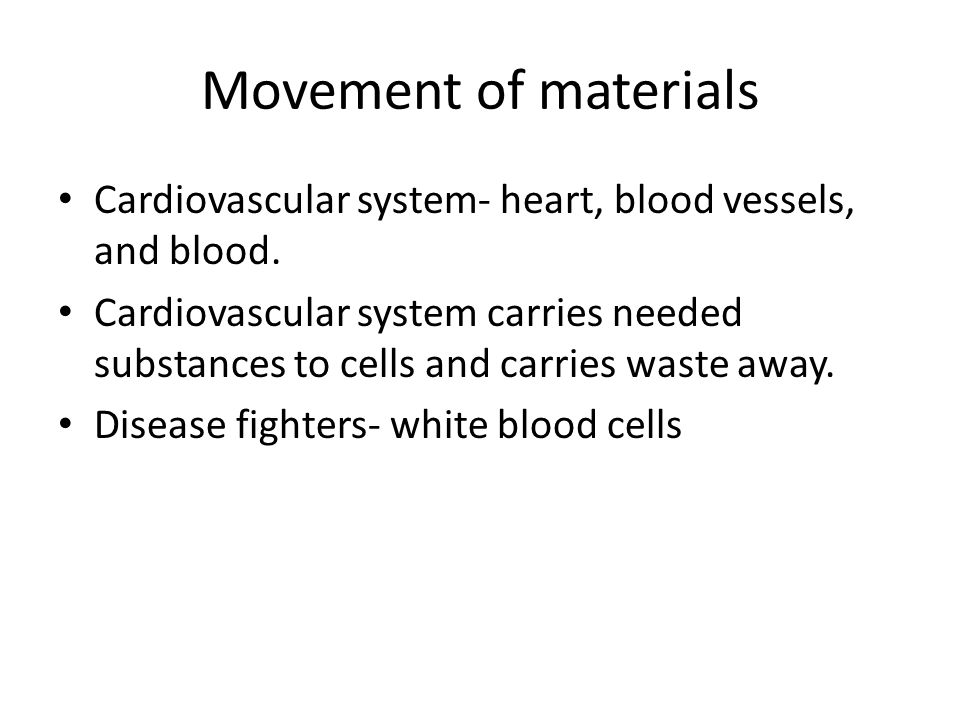 Movement of materials Cardiovascular system- heart, blood vessels, and blood.