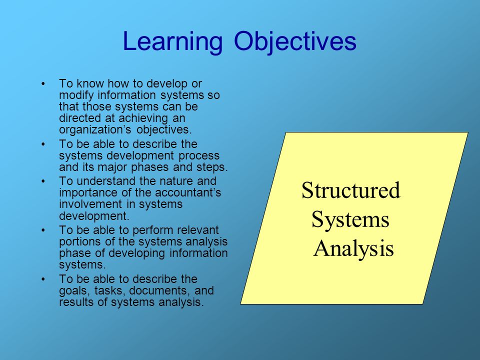 1 Structured Systems Analysis. Learning Objectives To know how to ...