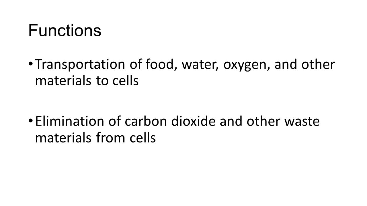 Functions Transportation of food, water, oxygen, and other materials to cells Elimination of carbon dioxide and other waste materials from cells