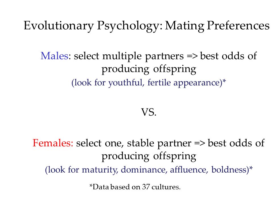 Evolutionary Psychology: Mating Preferences Males: select multiple partners => best odds of producing offspring (look for youthful, fertile appearance)* VS.