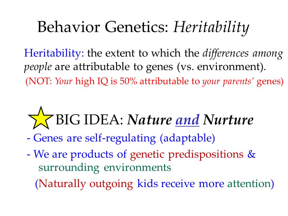 Behavior Genetics: Heritability Heritability: the extent to which the differences among people are attributable to genes (vs.