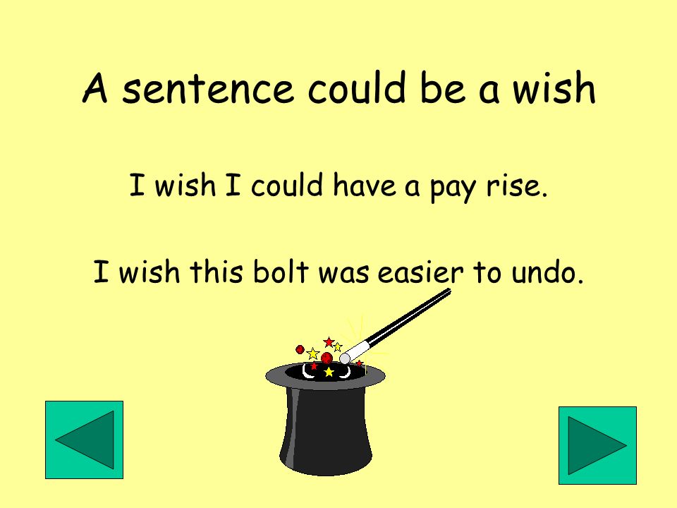 A sentence could be a wish I wish I could have a pay rise. I wish this bolt was easier to undo.