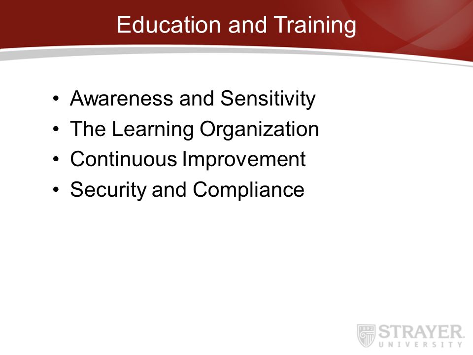 Education and Training Awareness and Sensitivity The Learning Organization Continuous Improvement Security and Compliance