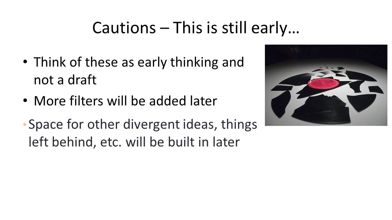 Cautions – This is still early… Think of these as early thinking and not a draft More filters will be added later Space for other divergent ideas, things left behind, etc.