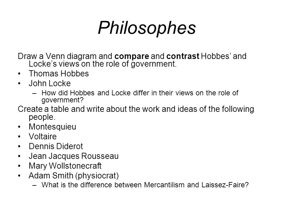 37 philosophes draw a venn diagram and compare and contrast hobbes and lockes views on the role of government thomas hobbes john locke how did hobbes