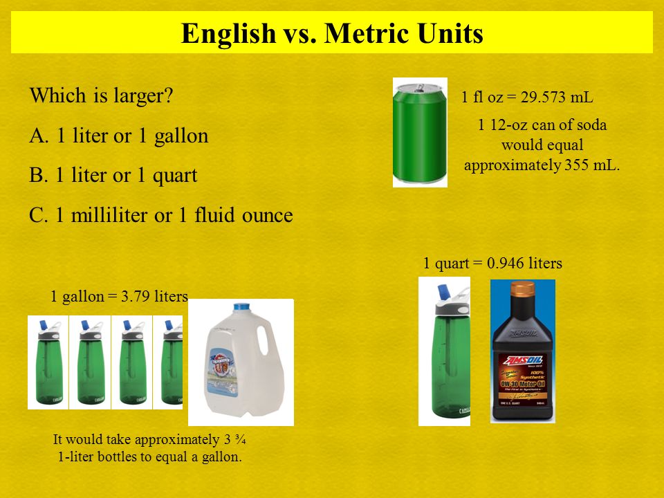 Lesson 3: Volume. English vs. Metric Units Which is larger? A. 1 liter or 1  gallon B. 1 liter or 1 quart C. 1 milliliter or 1 fluid ounce 1 gallon =  ppt download