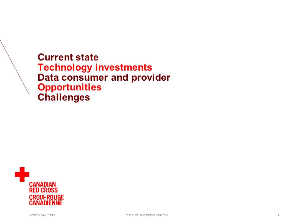 Current state Technology investments Data consumer and provider Opportunities Challenges MONTH DAY, YEAR2TITLE OF THE PRESENTATION
